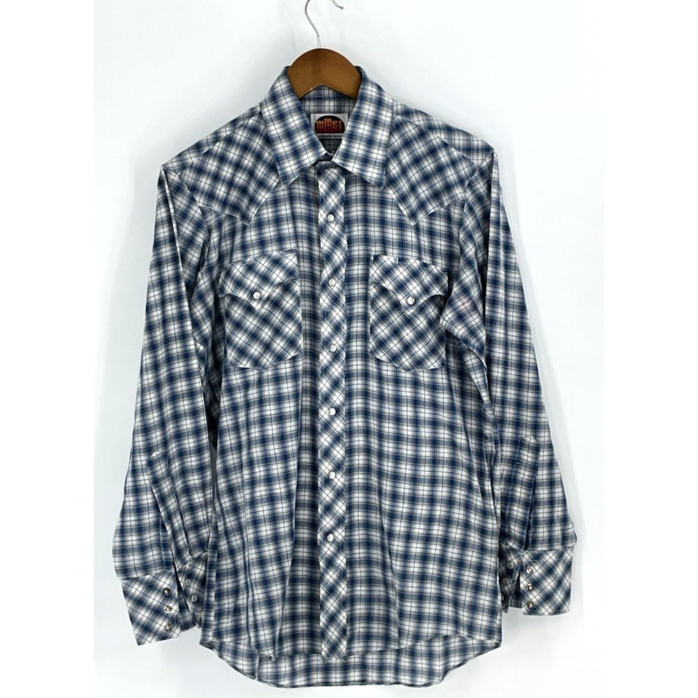 Vintage 70s-80s Miller Western Wear Mens 15 1/2-33 Plaid Cowboy Pearl Snap Shirt